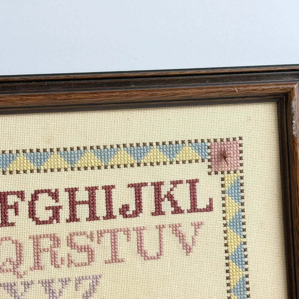 Vintage ABC Cross Stitch Sampler Custom Framed Handmade Nursery Wall Art Heart